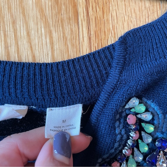 Anthropologie Moth Brand Embellished Jewelled Sweater Navy Blue - Picture 7 of 8